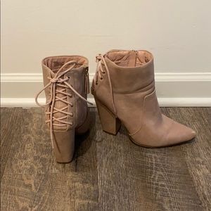 Blush pink lace up heeled booties